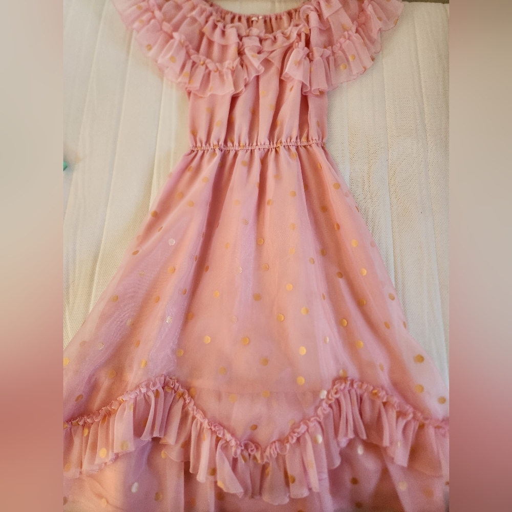 Pink Ruffled Dress with Gold Polka Dots